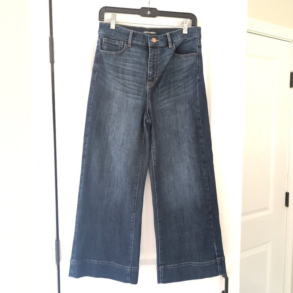 EUC Permanent Wide Leg Crop Jeans Women's Size 6 Dark Wash Whiskered